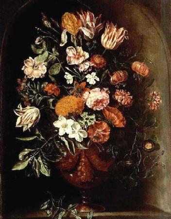 unknow artist A still life with tulips, roses, a red turban cup lily, auricula, jasmin, an iris, carnations and other flowers in a vase, all in a stone niche. oil painting picture